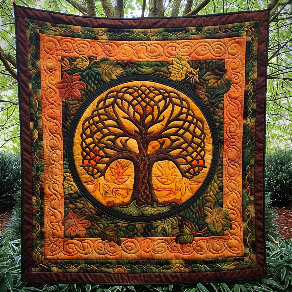 Autumnal Celtic Tree Quilted Blanket Life Tree Blanket