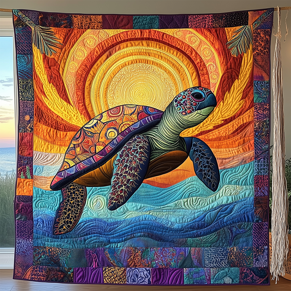 Awakening of the Sea Turtle Quilted Blanket Tropical Ocean Sun Design Unique Beach Lover Gifts