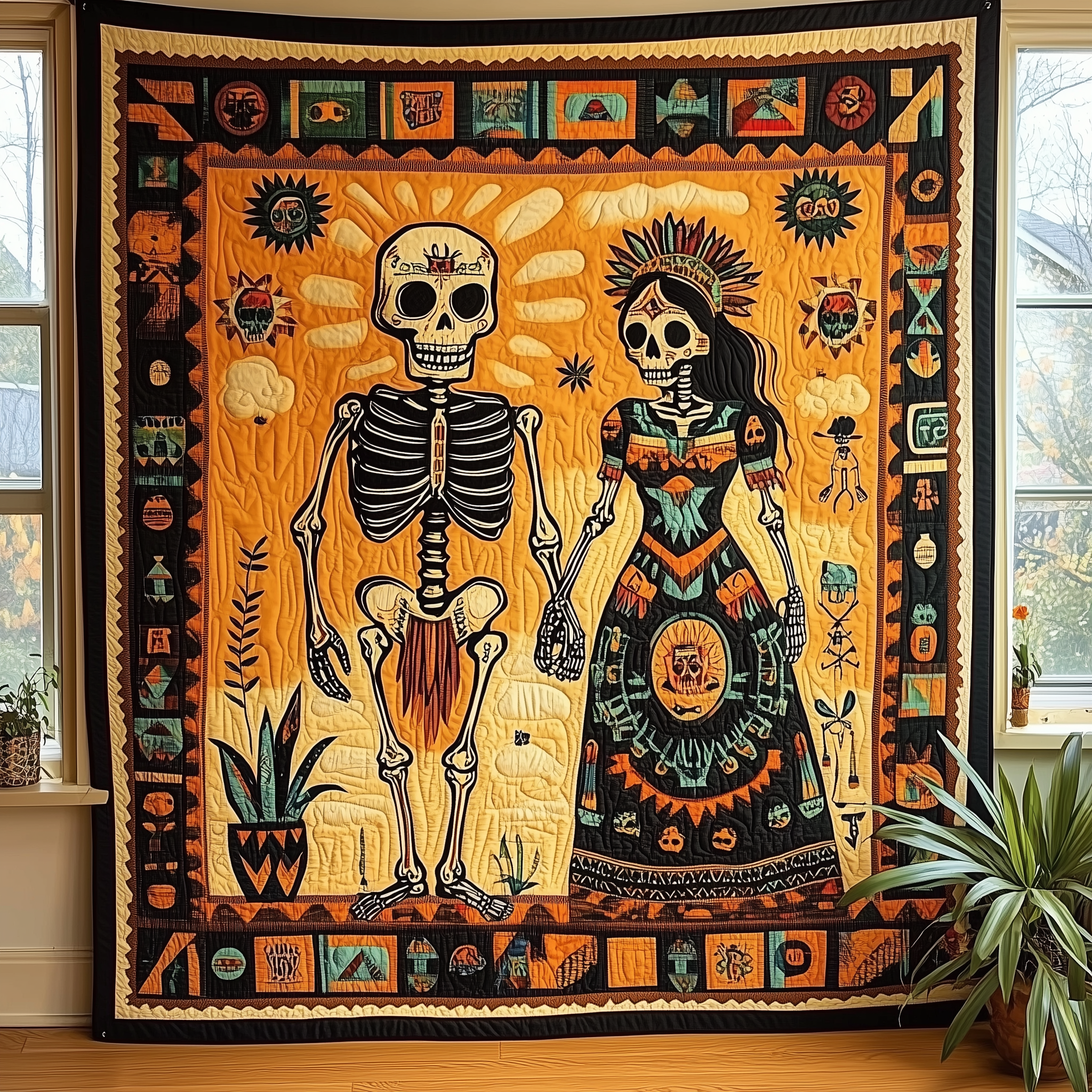 Aztec Skeleton Skull Gothic Quilted Blanket Goth Halloween Gifts With Skulls On Them