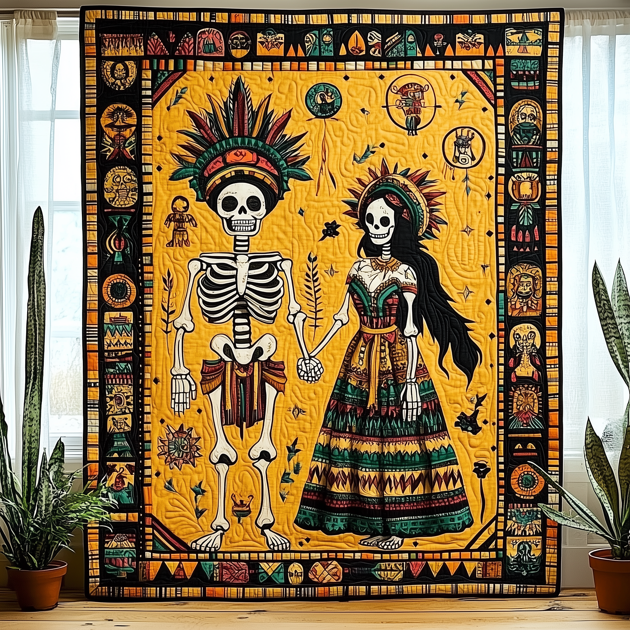 Aztec Skeleton Skull Tribal Quilted Blanket Halloween Tribal Art Gifts With Skulls On Them