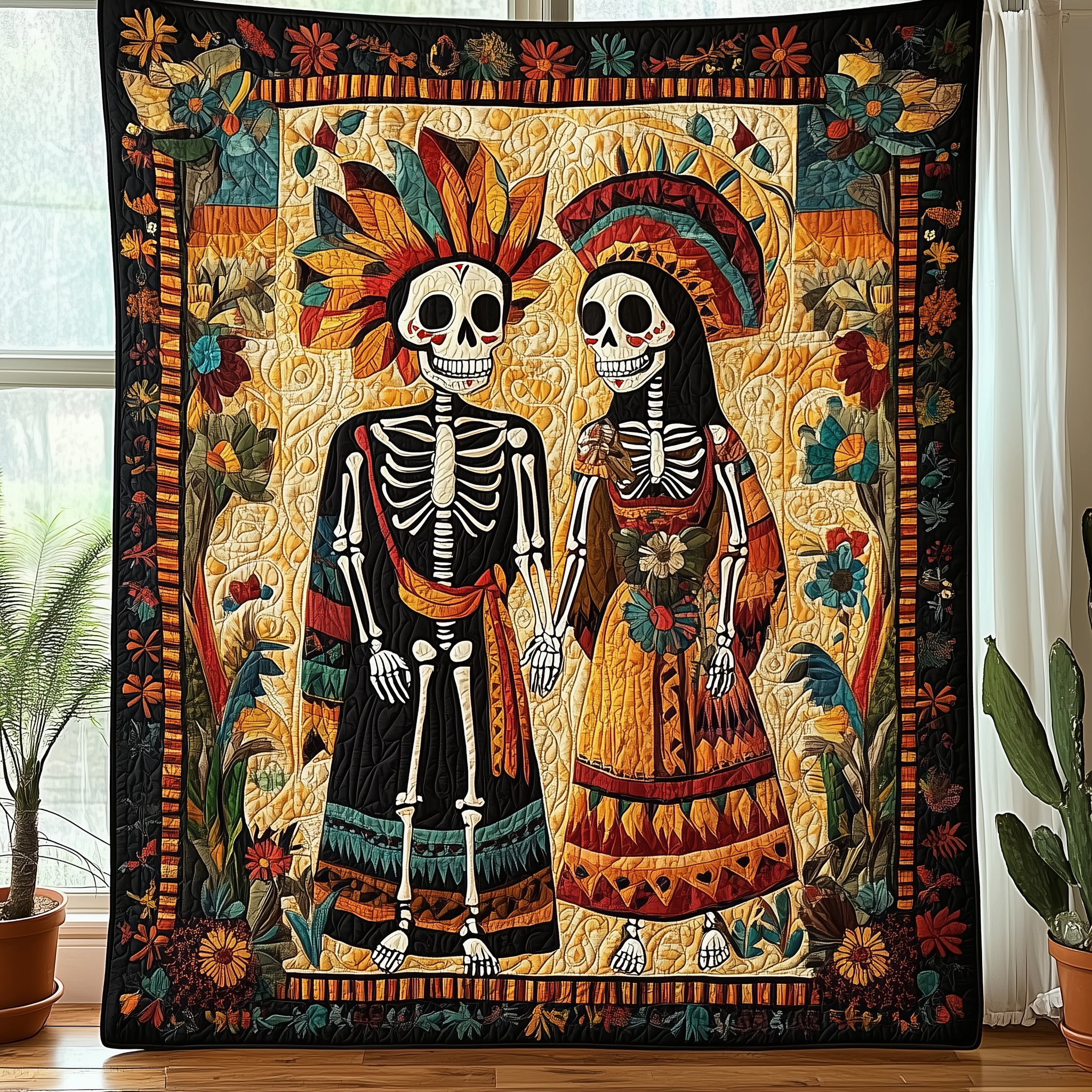 Aztec Skull Couple Day Of Dead Quilted Blanket Day Of Dead Couple Gifts With Skulls On Them