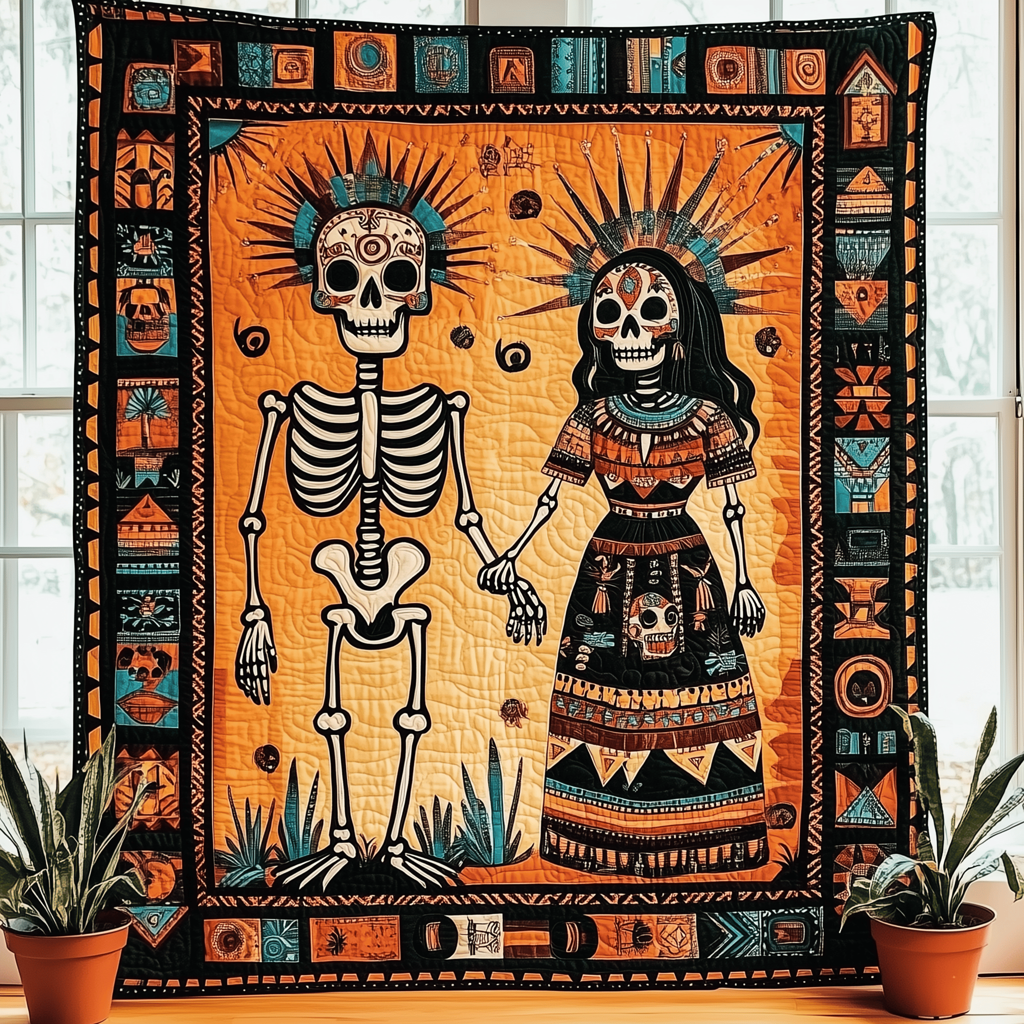 Aztec Skull Couple Quilted Blanket Christmas Throw Blanket Christmas Presents For Men
