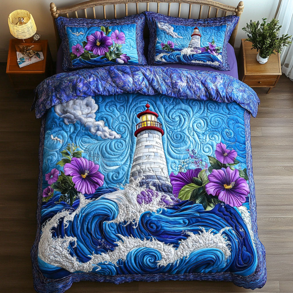 Azure Beacon Quilted Bedding Set Cozy Bedroom Decor Lighthouse Gifts For Him