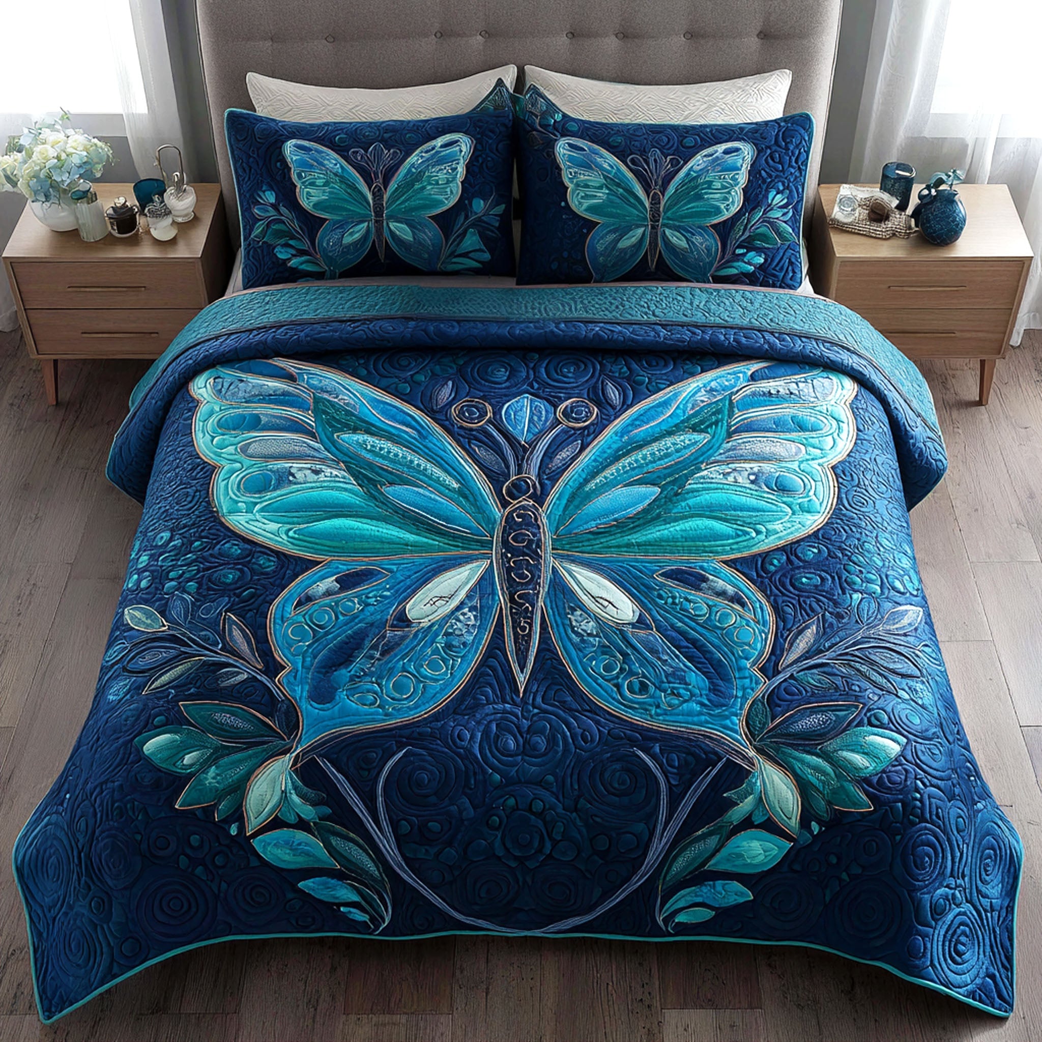 Azure Dreamwing Quilted Bedding Set Bedspread Set Gifts For Butterfly Lovers