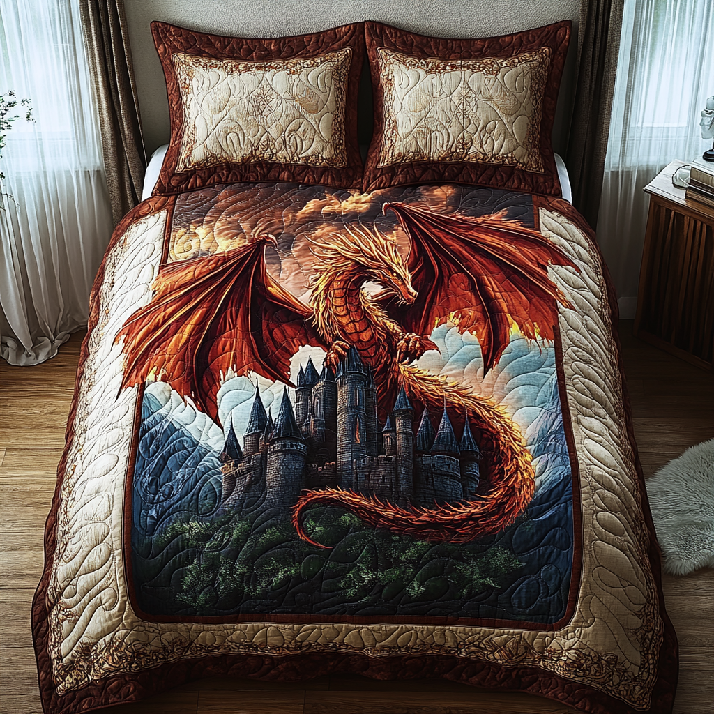 Azure Inferno Quilted Bedding Set Best Bedspread Set Dragon Gifts For Her