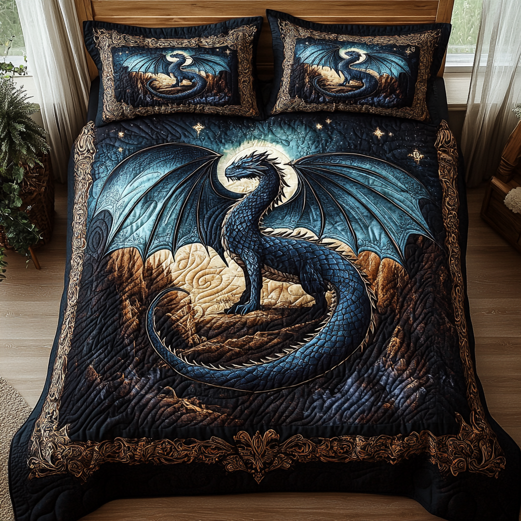 Azure Scales Quilted Bedding Set Cute Bedroom Decor Dragon Themed Birthday Gifts