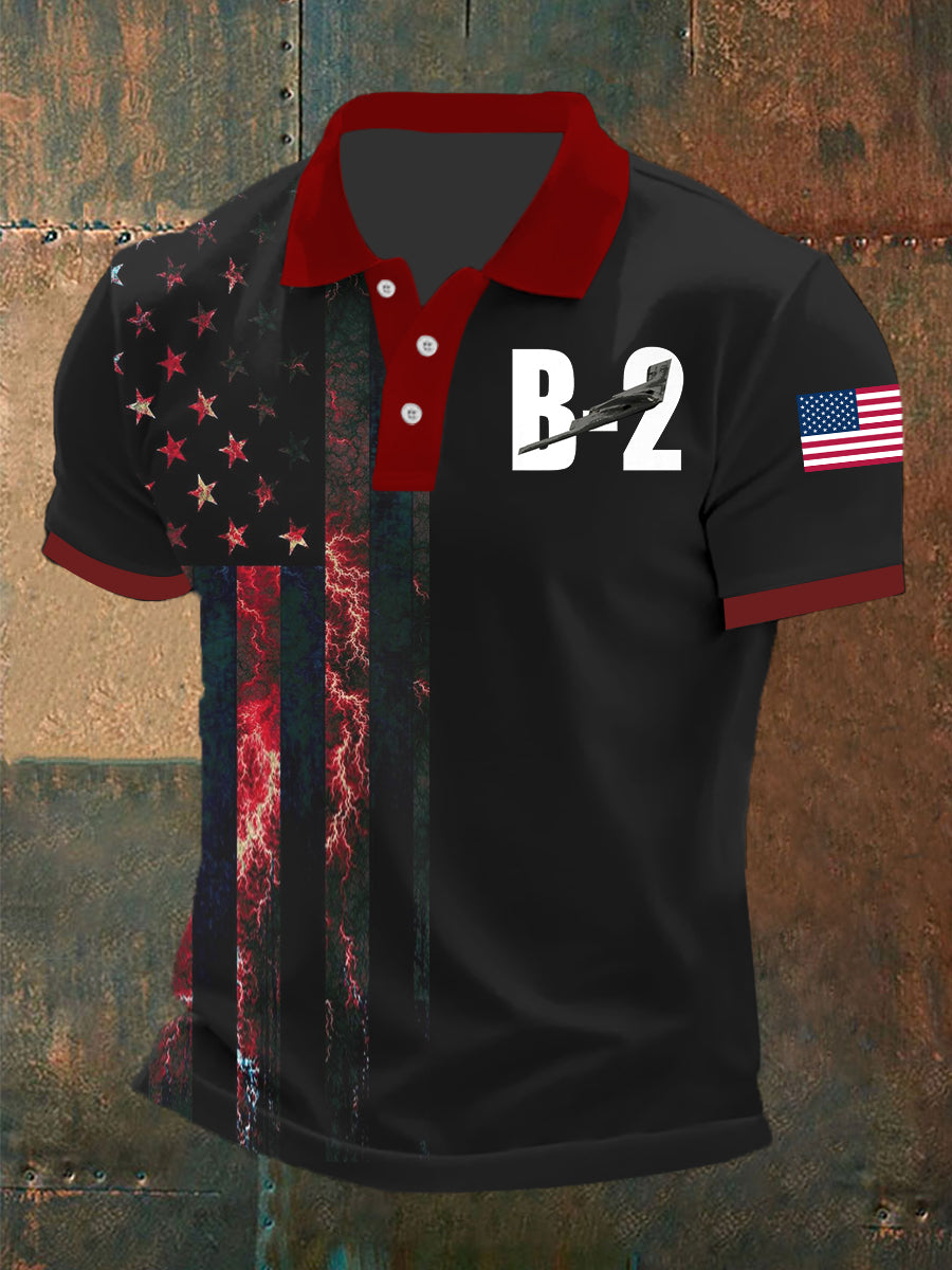 B2 Spirit Bomber Men's Polo Shirt with USA Flag Gift for Aviation Enthusiasts Supporters