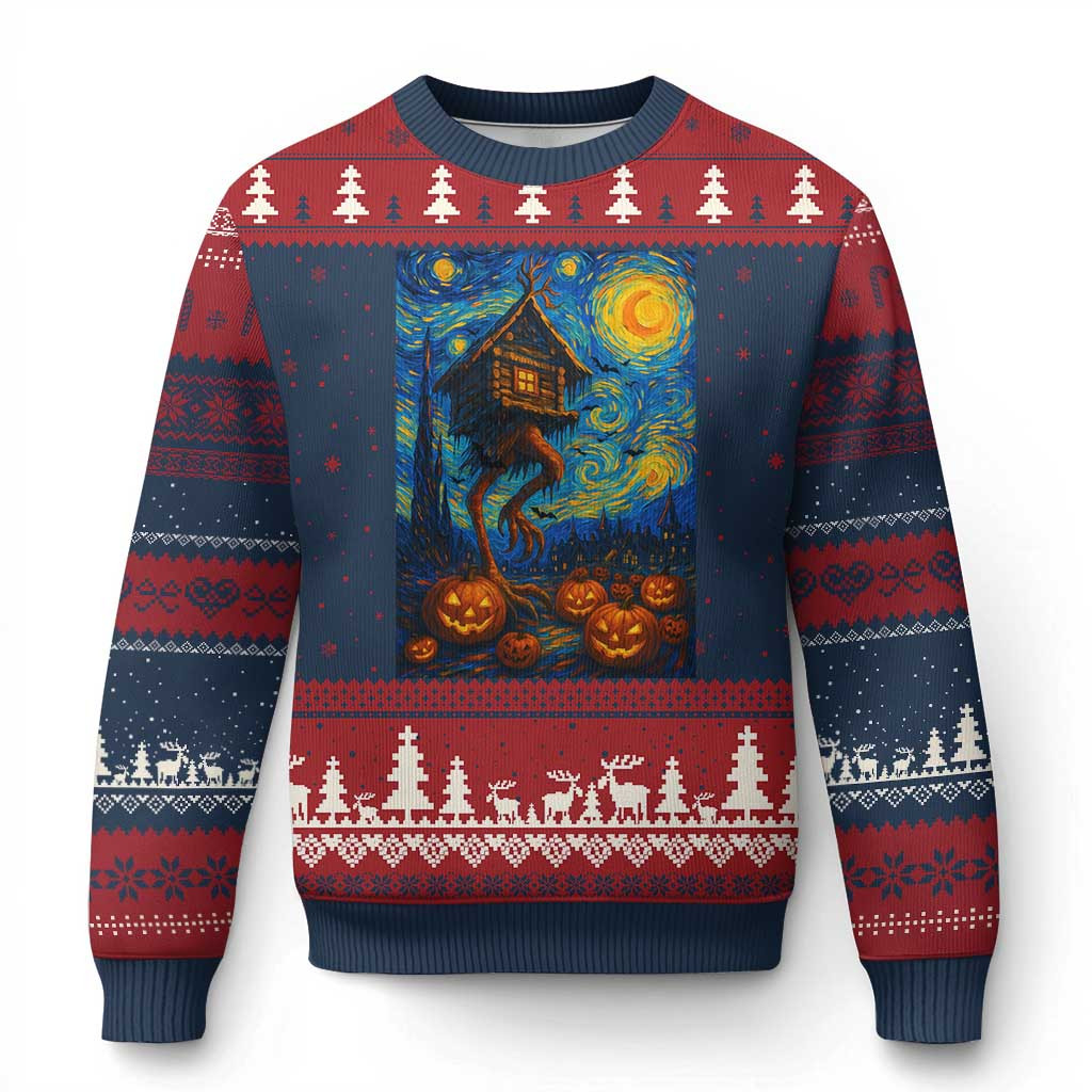Baba Yaga House Ugly Christmas Sweater Starry Night Slavic Fairy Tale Xmas Sweater Gifts