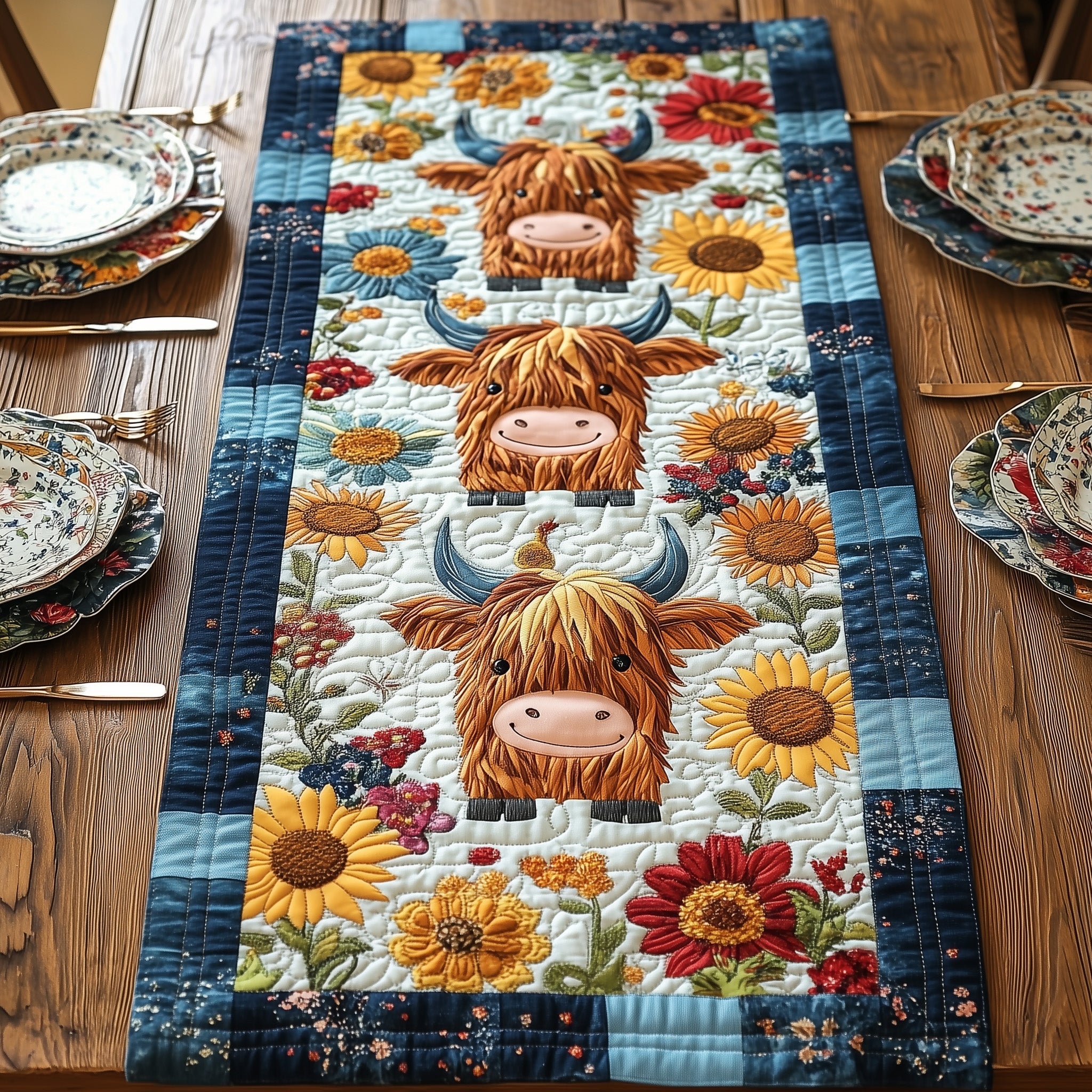 Baby Highland Cow Quilted Table Runner Christmas Theme Table Runner