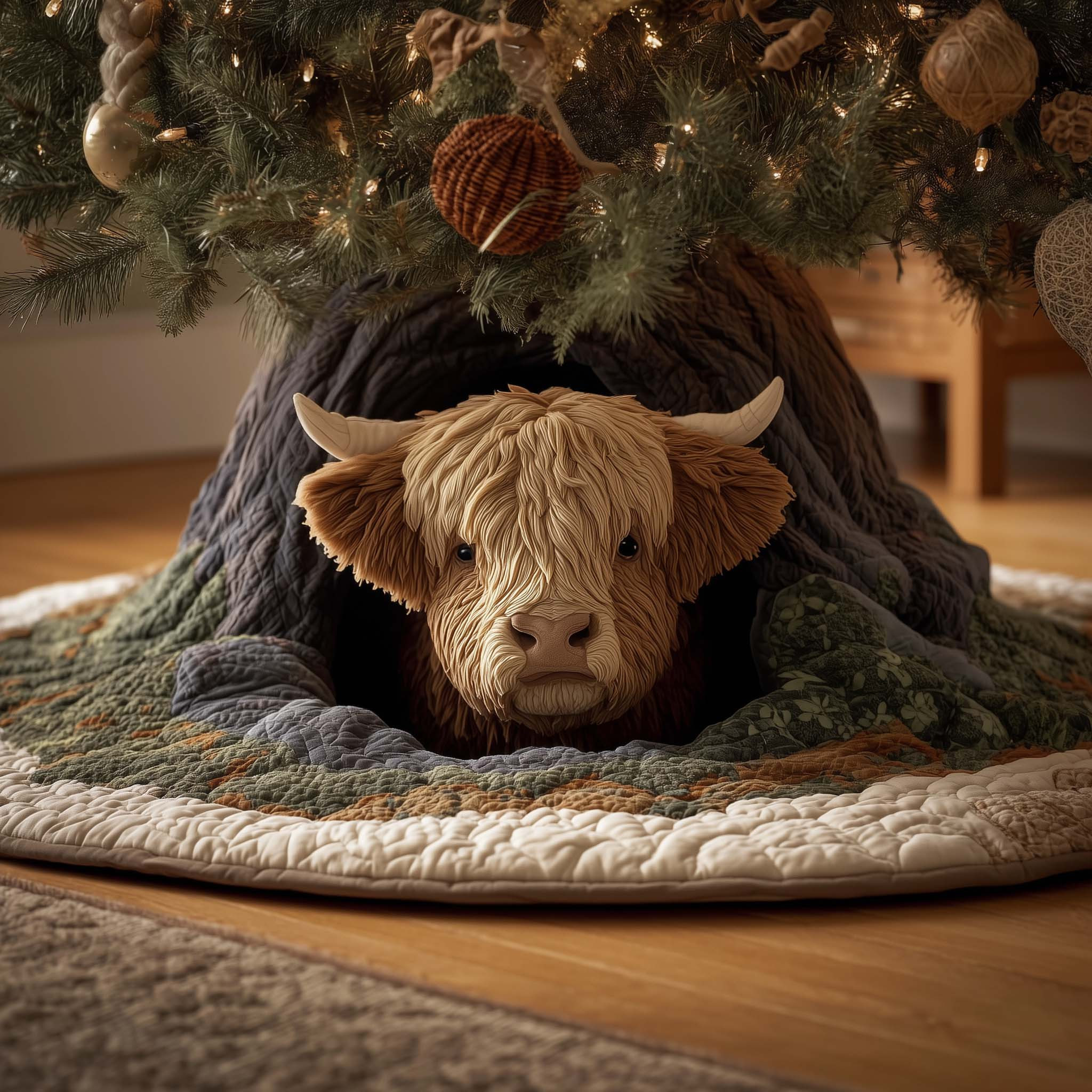 Baby Highland Cow Quilted Tree Skirt Animal Home Decor Christmas Gifts For Cow Owners