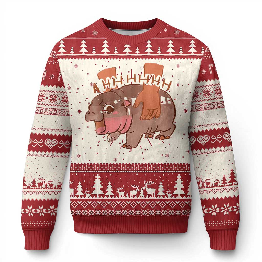Baby Hippo Moo Deng Ugly Christmas Sweater Bouncy Pig Sweater Xmas Gifts For Hippo Lover