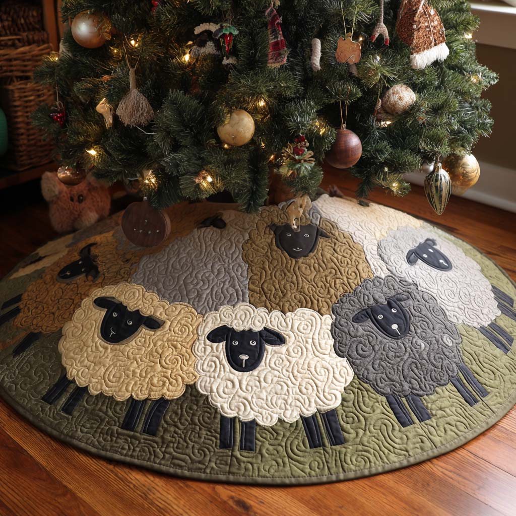 Baby Lamb Christmas Quilted Tree Skirt Holiday Decor Presents For Sheep Farmers