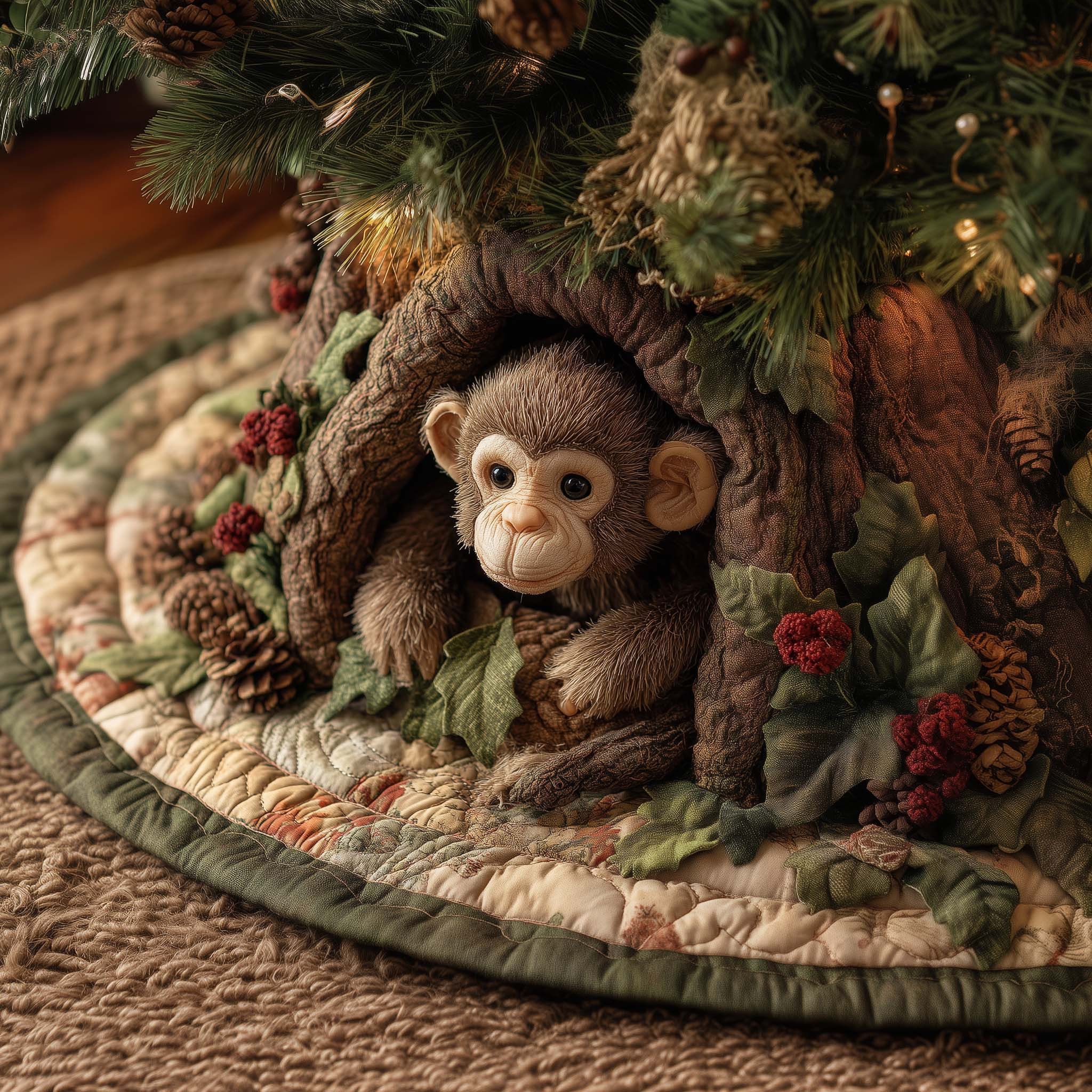 Baby Monkey Quilted Tree Skirt Holiday Home Decor Christmas Tree Skirt Monkey Lover Xmas Gifts