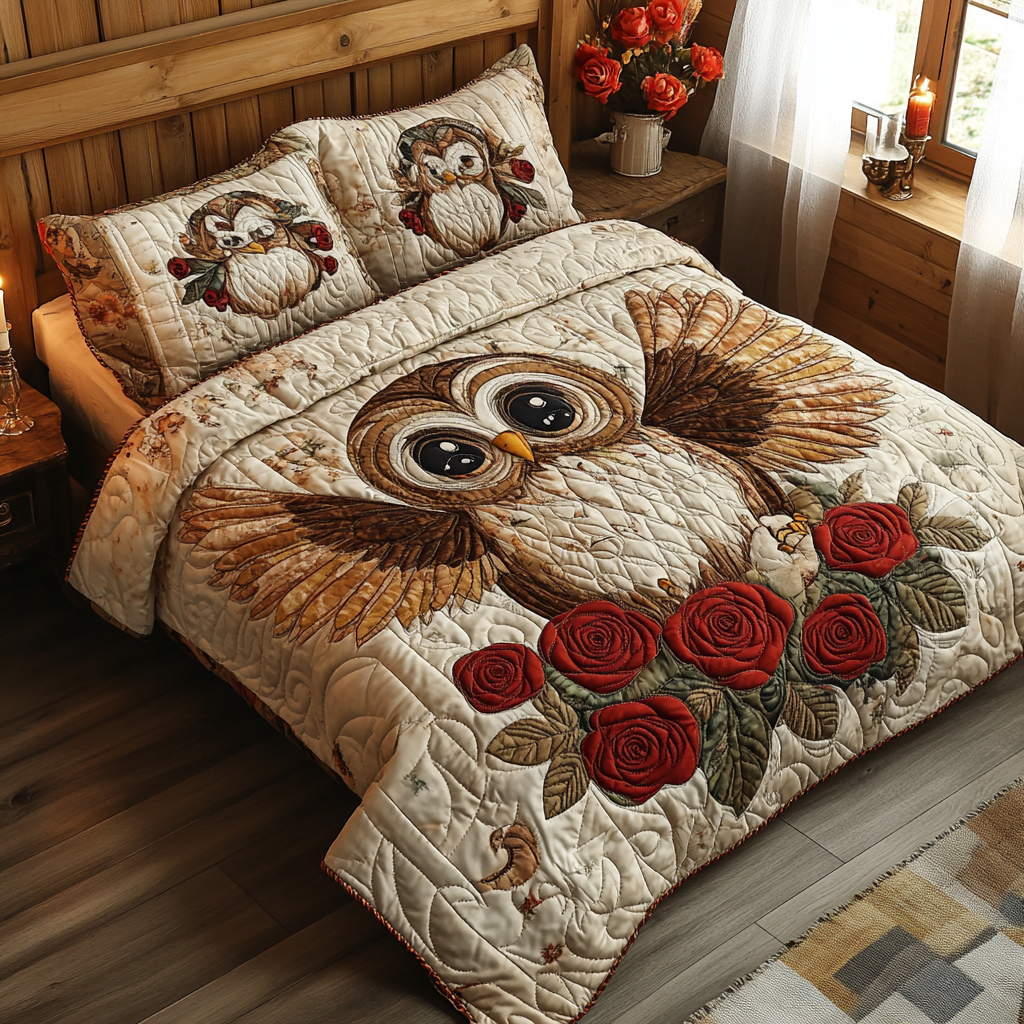 Baby Owl with Rose Quilted Bedding Set Holiday Duvet Cover Set Owl Christmas Gifts