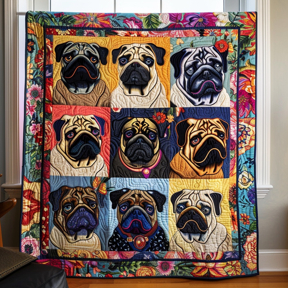 Baby Pugs Quilted Blanket Pug Dog Lover Art Cozy Bedding Warm Throw Best Gift Pug Dog Owners