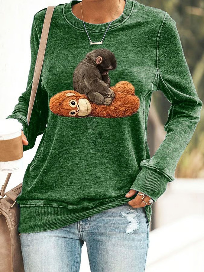 Baby Punch Money Hug Teddy Sweatshirt Adorable Animal Graphic Pullover Cute Monkey Clothes Gift For Animal Lovers