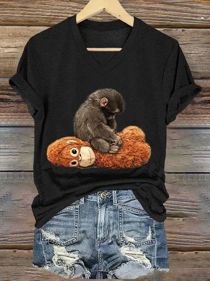 Baby Punch Money Stay Kind V-Neck Shirt Cute Animal Graphic Tee Kindness Shirt Best Gift For Monkey Lovers