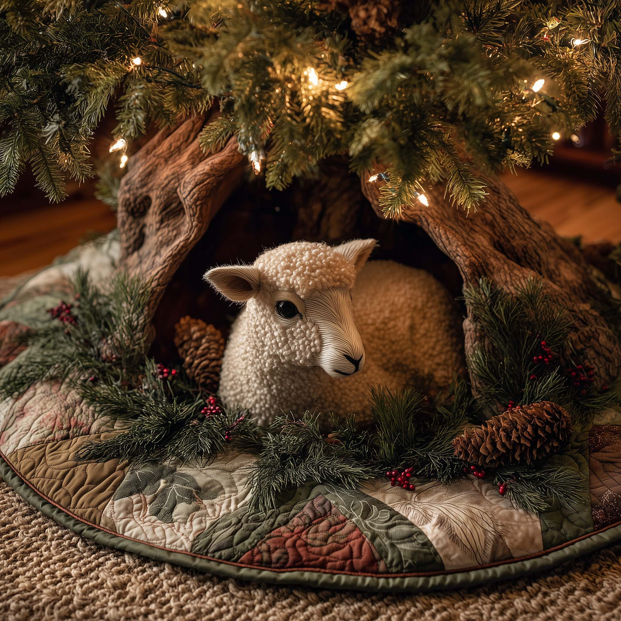 Baby Sheep Quilted Tree Skirt Animal Themed Xmas Decor Christmas Tree Skirt Xmas Gifts