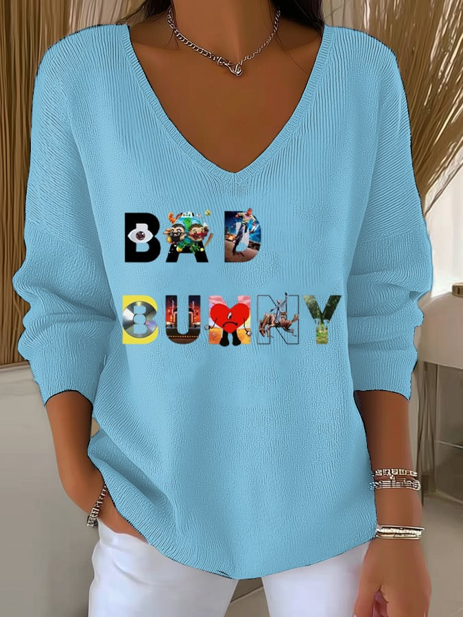 Bad Bunny Concert Merch Bad Bunny V-Neck Long Sleeve Shirt Best Present Ideas For Music Fans