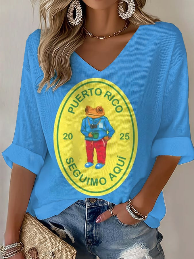 Bad Bunny Frog Merch Seguimo Aqui V-Neck Long Sleeve Shirt Gifts For Bad Bunny Fans