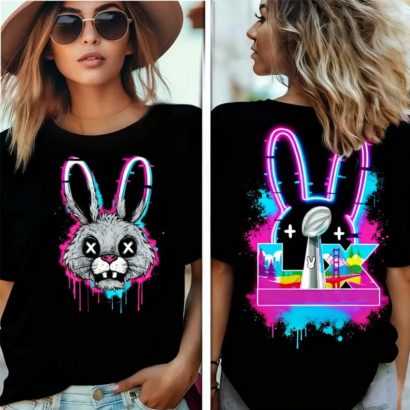 Bad Bunny Neon Rabbit T-Shirt Super Bowl 2026 Front Back Print Trending Fan Gear