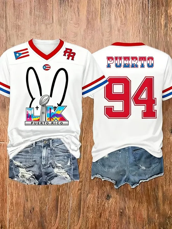 Bad Bunny Puerto Rican Flag V-neck Shirt Women Simple Fashion Puerto Rico Pride Best Gift