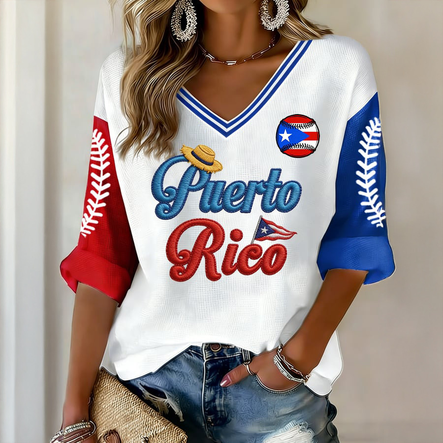Bad Bunny Puerto Rico Baseball V-Neck Long Sleeve Shirt Puerto Rico Pride Apparel Fan Gift