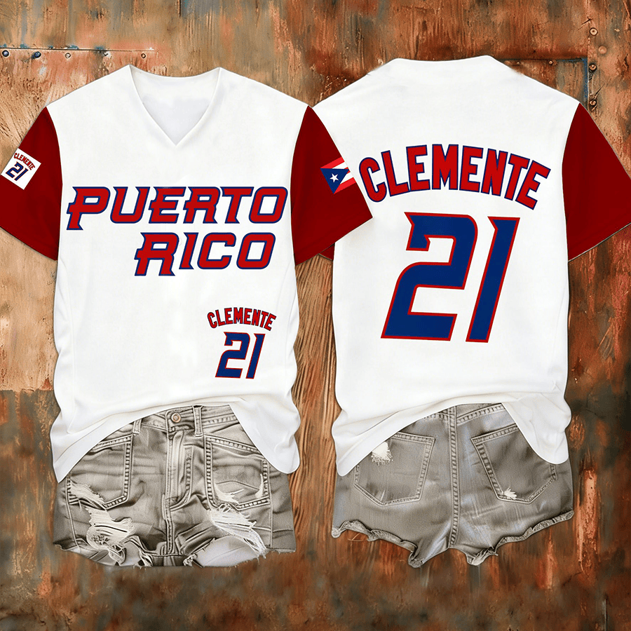 Bad Bunny Puerto Rico Baseball V-Neck Shirt Roberto Clemente Shirt Memorial Gift For Fans