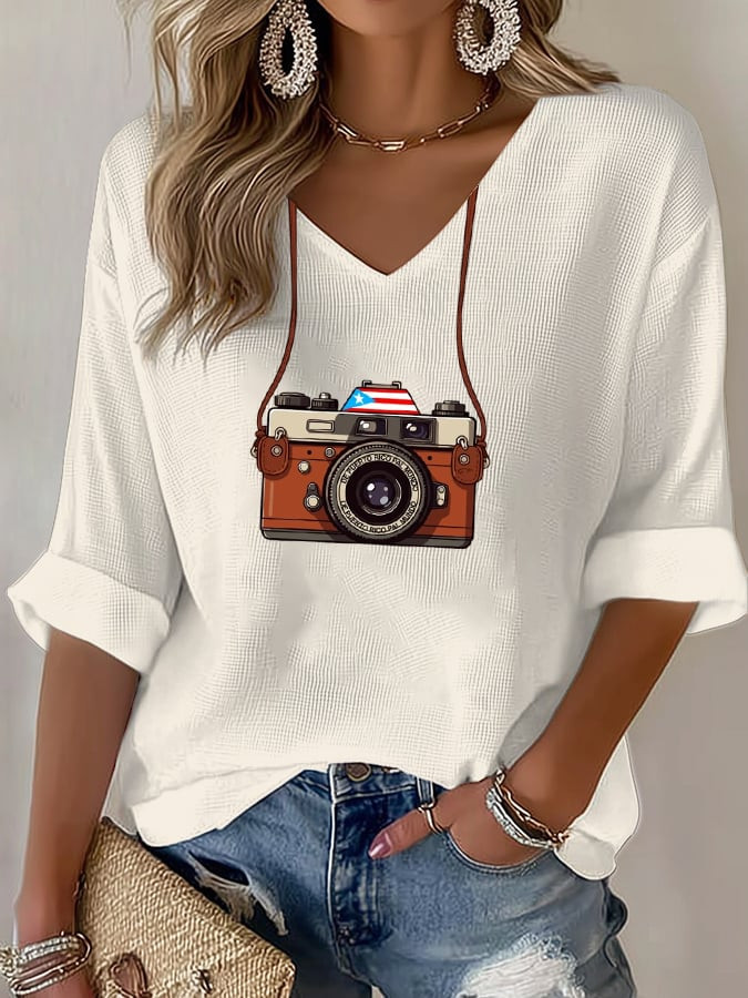 Bad Bunny Super Bowl 2026 Merch Camera Graphic V-Neck Long Sleeve Gift Ideas For Women