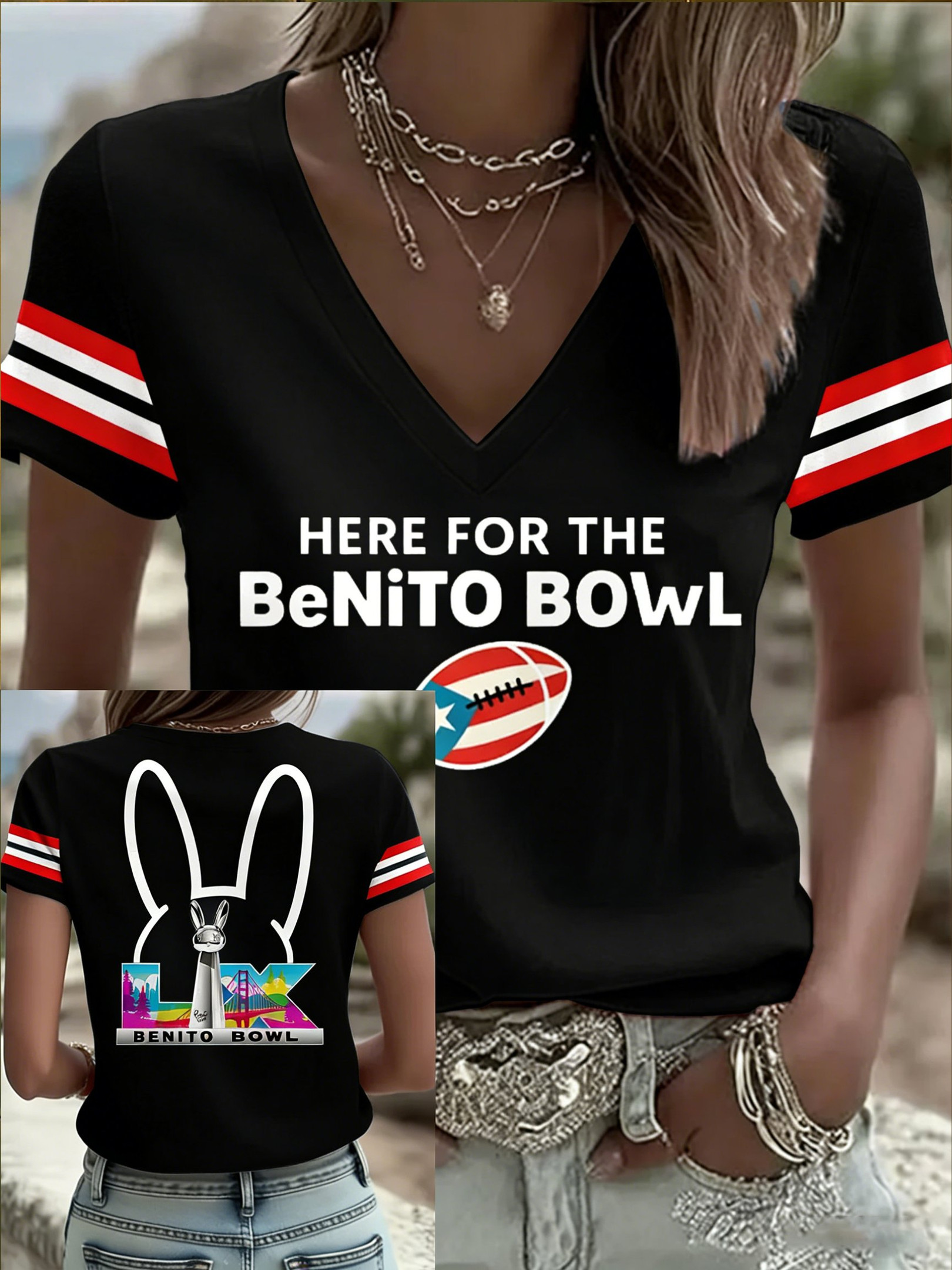 Bad Bunny Super Bowl Merch 2026 Bad Bunny V-Neck Shirt Here For The Benito Bowl T-Shirt