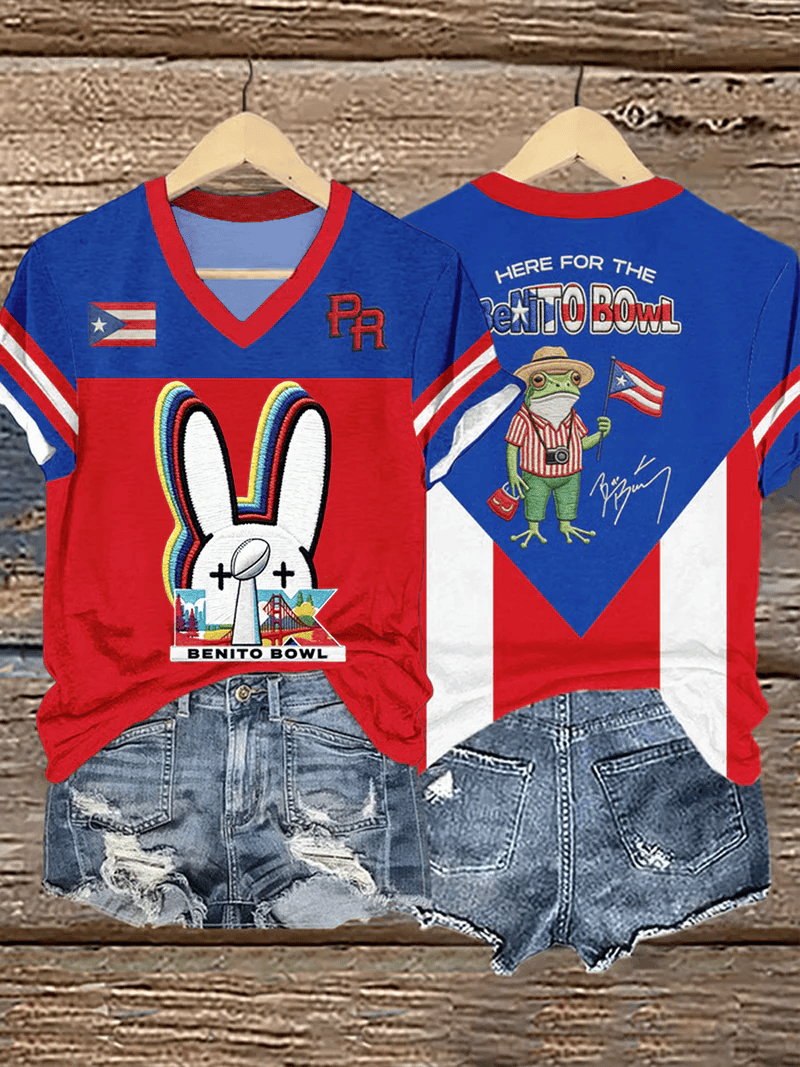 Bad Bunny Super Bowl Merch 2026 Benito Bowl V-neck Shirt Puerto Rican Flag Game Day Merch
