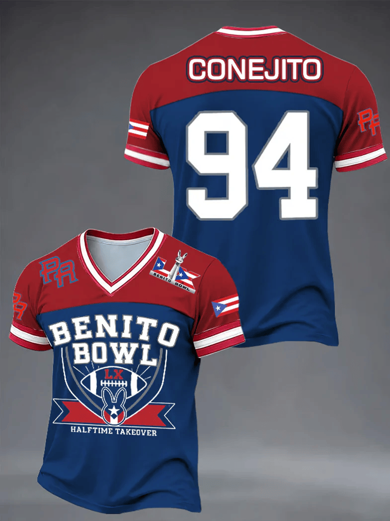 Bad Bunny Super Bowl Merch 2026 Benito Bowl V-Neck Shirt Puerto Rican Football Clothing