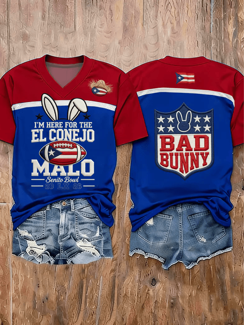 Bad Bunny Super Bowl Merch 2026 Benito Bowl V-neck T-Shirt I'm Here For The El Conejo Malo