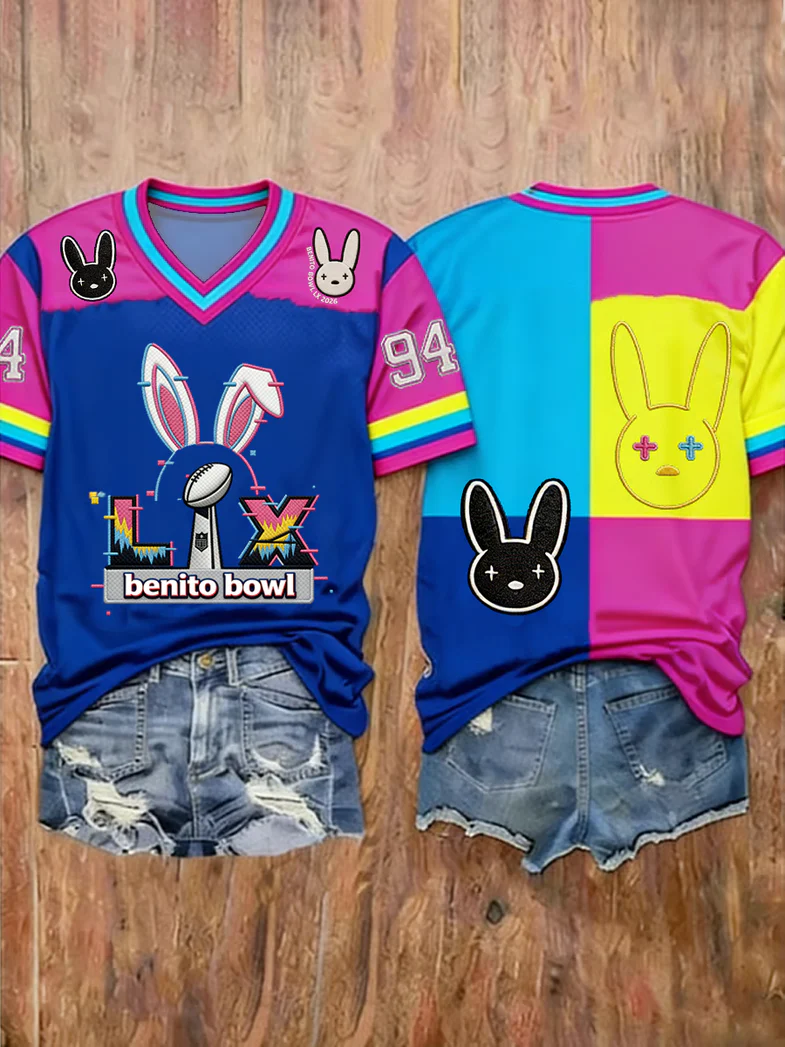 Bad Bunny Super Bowl Merch 2026 Benito Bowl V-neck T-Shirt Women's Puerto Rican Football Apparel