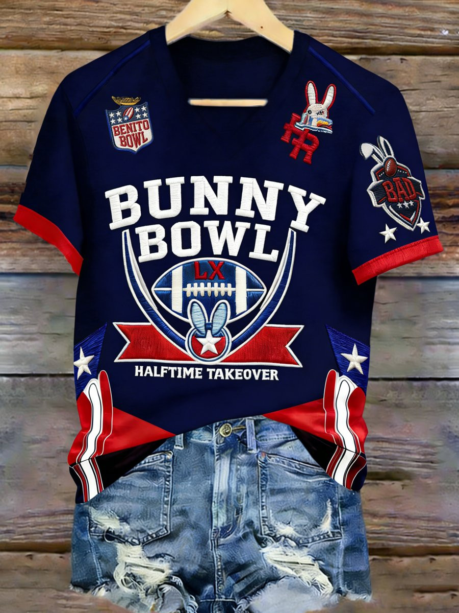 Bad Bunny Super Bowl Merch 2026 Bunny Bowl Halftime Takeover V-Neck T-Shirt Gift Football Fan