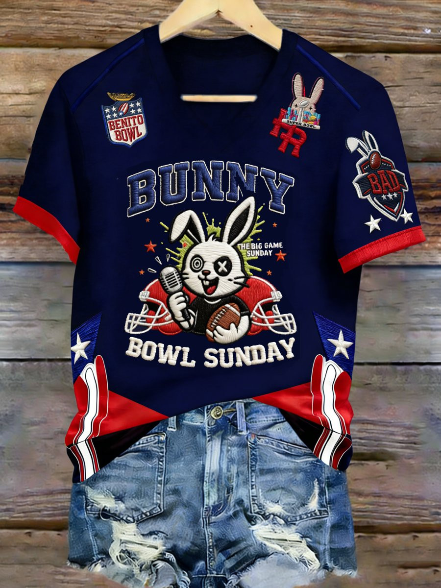 Bad Bunny Super Bowl Merch 2026 Bunny Bowl Sunday V-Neck T-Shirt Puerto Rican Football Apparel
