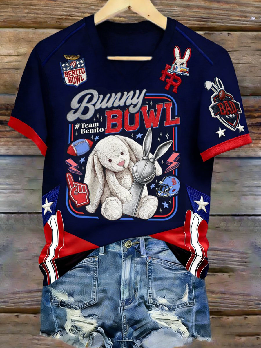 Bad Bunny Super Bowl Merch 2026 Bunny Bowl Team Benito V-Neck T-Shirt Puerto Rican Football
