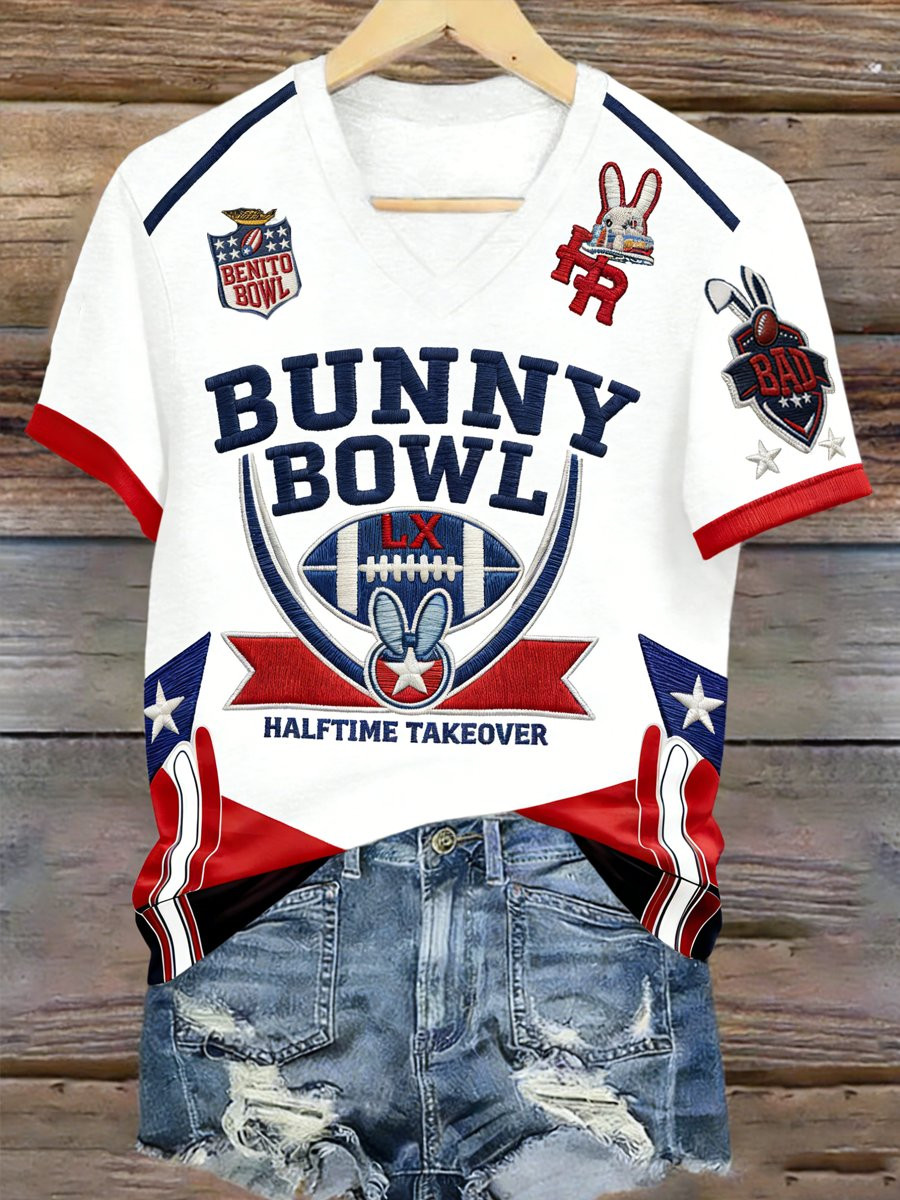 Bad Bunny Super Bowl Merch 2026 Bunny Bowl V-Neck T-Shirt Bad Bunny Merch Gift Ideas For Her Bad Bunny Super Bowl Merch 2026 Bunny Bowl V-Neck T-Shirt Bad Bunny Merch Gift Ideas For Her