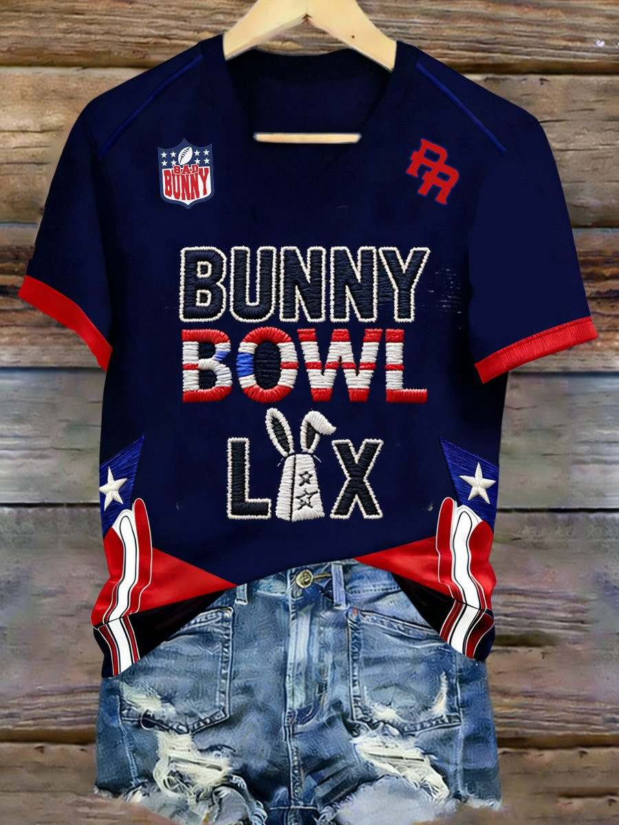 Bad Bunny Super Bowl Merch 2026 Bunny Bowl V-Neck T-Shirt Fan Merch Gift For Wife