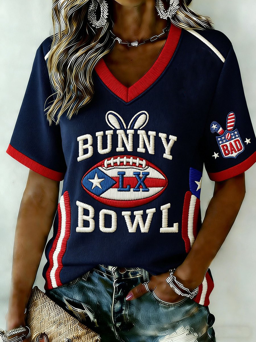 Bad Bunny Super Bowl Merch 2026 Bunny Bowl V-Neck T-Shirt Game Day Merch Gifts For Mother