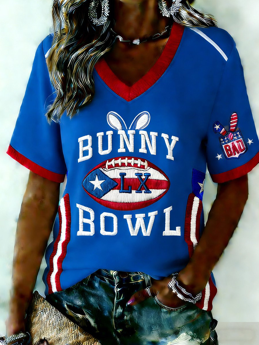 Bad Bunny Super Bowl Merch 2026 Bunny Bowl V-Neck T-Shirt Superbowl Merch Gifts For Mom Bad Bunny Super Bowl Merch 2026 Bunny Bowl V-Neck T-Shirt Superbowl Merch Gifts For Mom