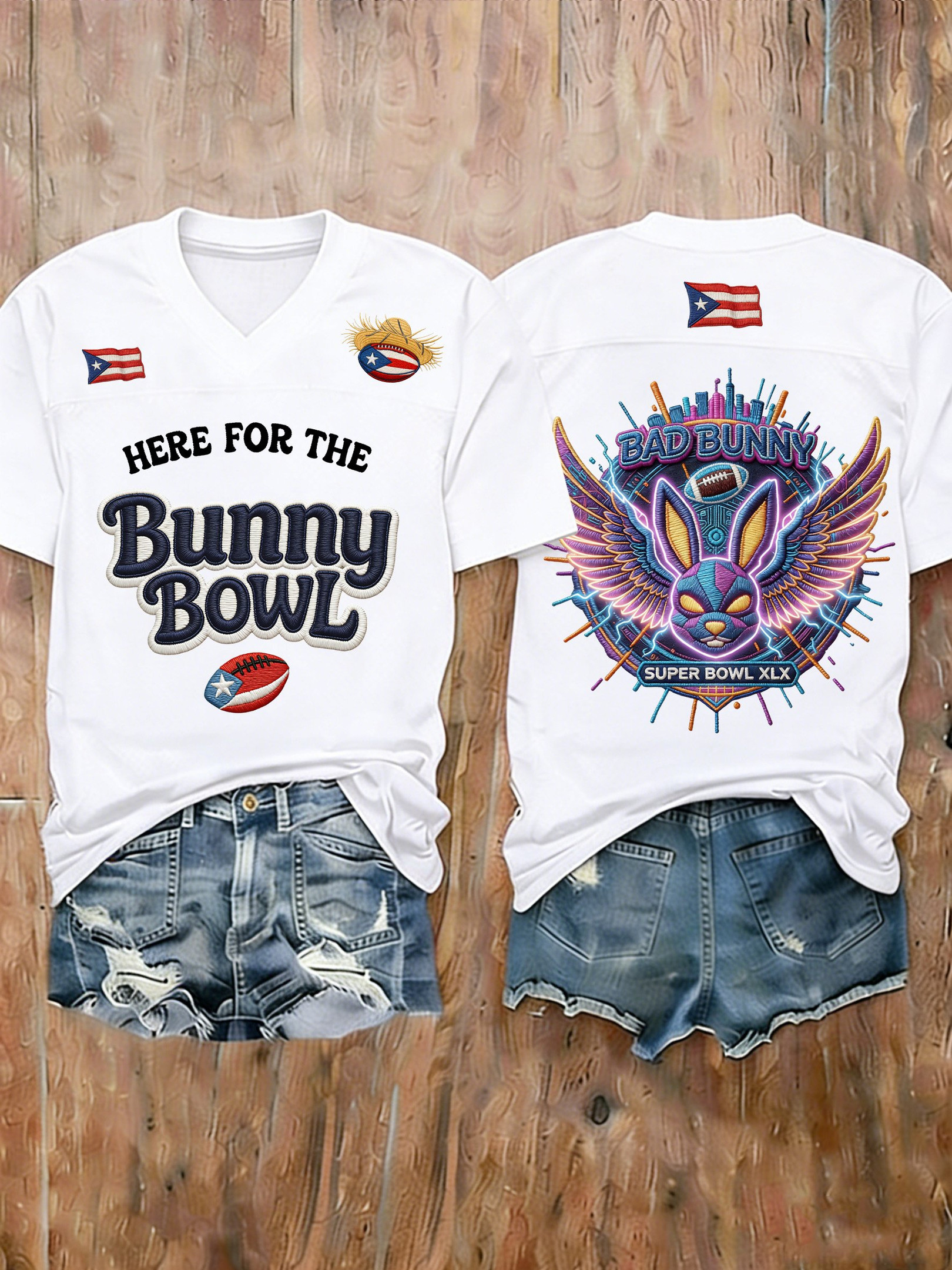 Bad Bunny Super Bowl Merch 2026 Here For The Bad Bunny V-Neck T-Shirt Football Fan Gifts