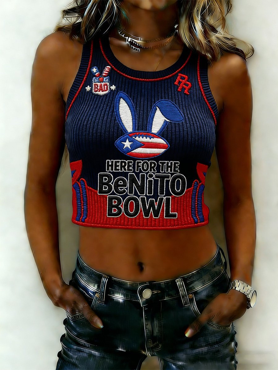 Bad Bunny Super Bowl Merch 2026 Here For The Benito Bowl Cropped Tank Top Bad Bunny Merch