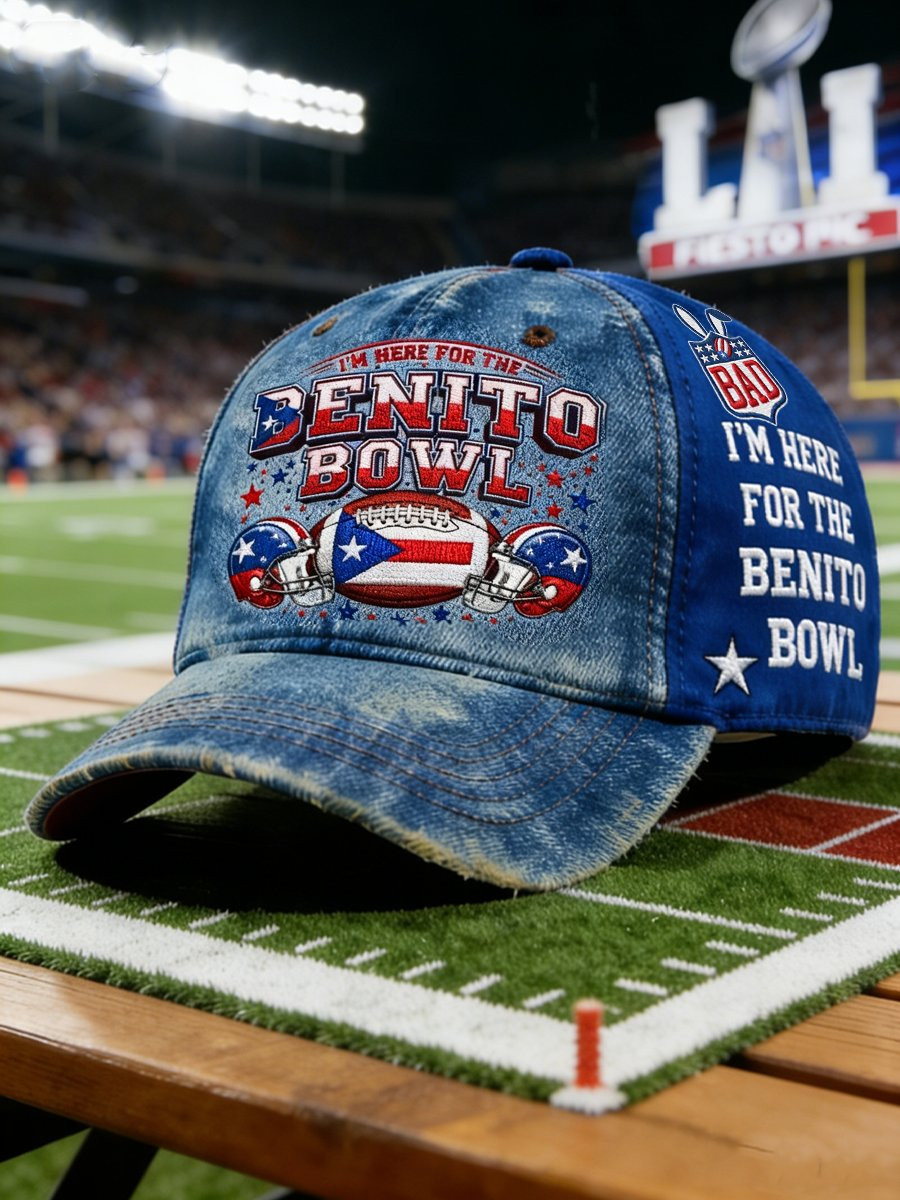 Bad Bunny Super Bowl Merch 2026 Here For The Benito Bowl Hat Embroidered Football Fan Gift Ideas
