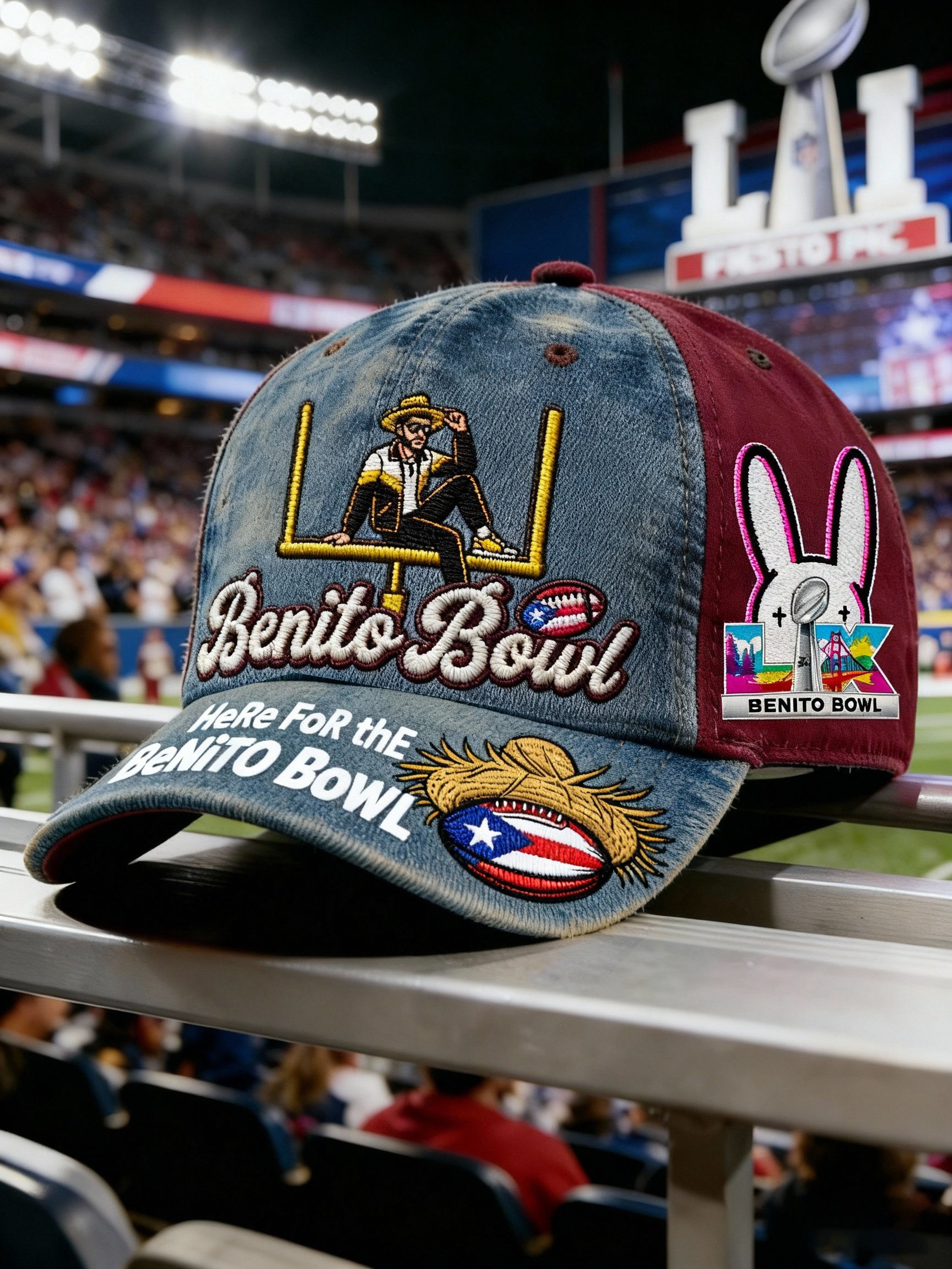 Bad Bunny Super Bowl Merch 2026 Here For The Benito Bowl Hat Puerto Rican Football Cap Fan Gift