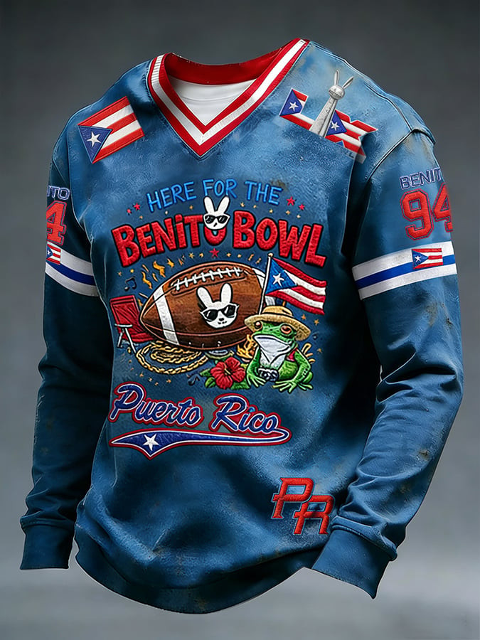 Bad Bunny Super Bowl Merch 2026 Here For The Benito Bowl Long Sleeve V-Neck Shirt Fan Clothing