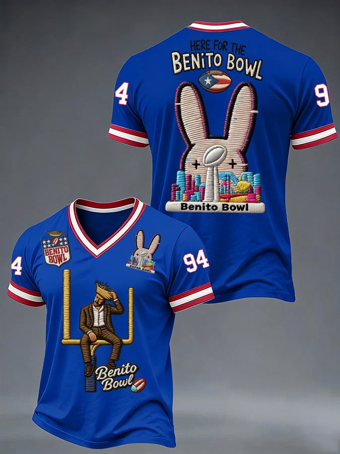 Bad Bunny Super Bowl Merch 2026 Here For The Benito Bowl V-Neck Shirt Bad Bunny Shirt Dad Gifts