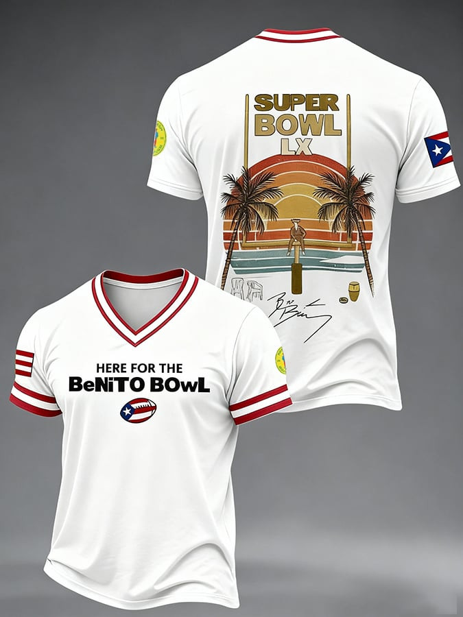 Bad Bunny Super Bowl Merch 2026 Here For The Benito Bowl V-Neck Shirt Bad Bunny Shirt White