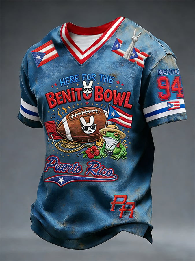 Bad Bunny Super Bowl Merch 2026 Here For The Benito Bowl V-Neck Shirt Bad Bunny T-Shirt Dad Gifts