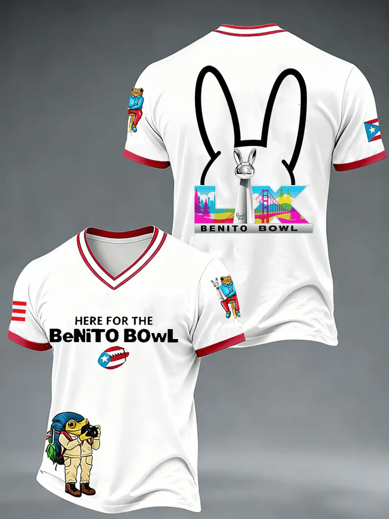 Bad Bunny Super Bowl Merch 2026 Here For The Benito Bowl V-Neck Shirt Benito Bowl Fan Gift